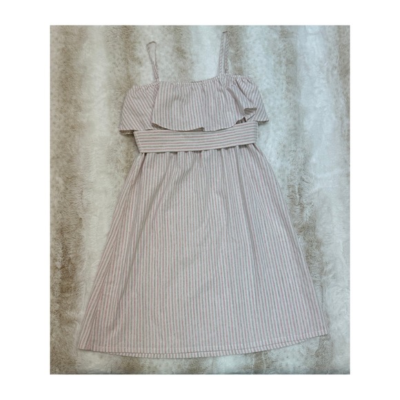 Pleione Striped Sundress Womens M Pink Tan Ruffle Tie Waist Spring Summer Beach - Picture 4 of 9